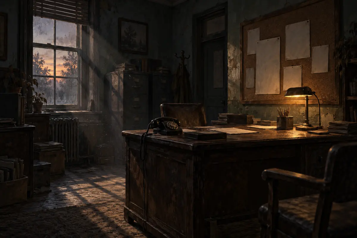 Original painted illustration: An empty old staff office at dusk: a wooden desk, a rotary phone, a corkboard with blank sheets of paper, dust in a shaft of pale light; quiet and unsettling, painterly.
