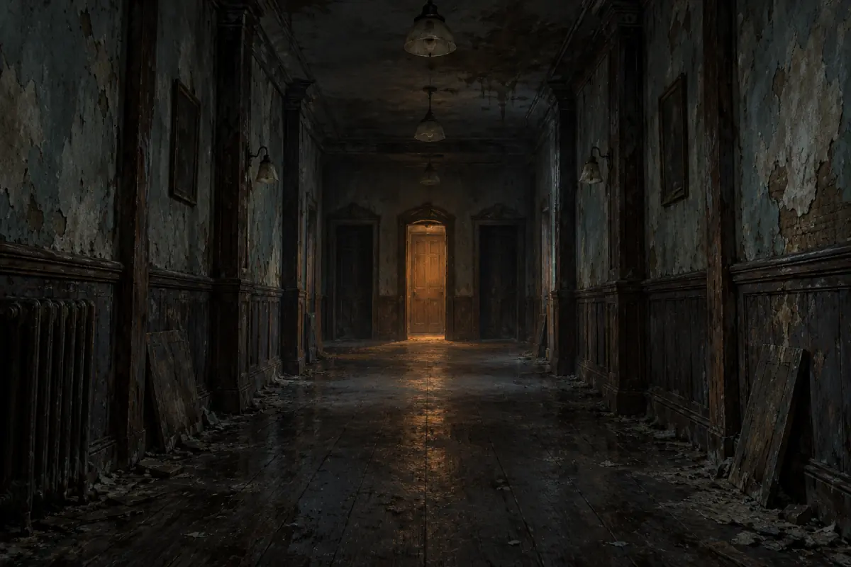 Original painted illustration: A long dim corridor inside an old roadside attraction that ends in three doorways: one lit by a faint amber light, the other two in darkness; painterly, muted palette.