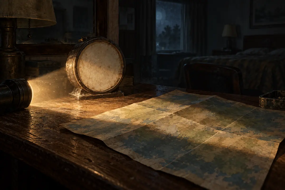 Original painted illustration: A dusty wall clock and a folded paper road map on a motel desk at night, a flashlight beam crossing them; quiet horror mood, painterly, no lettering.